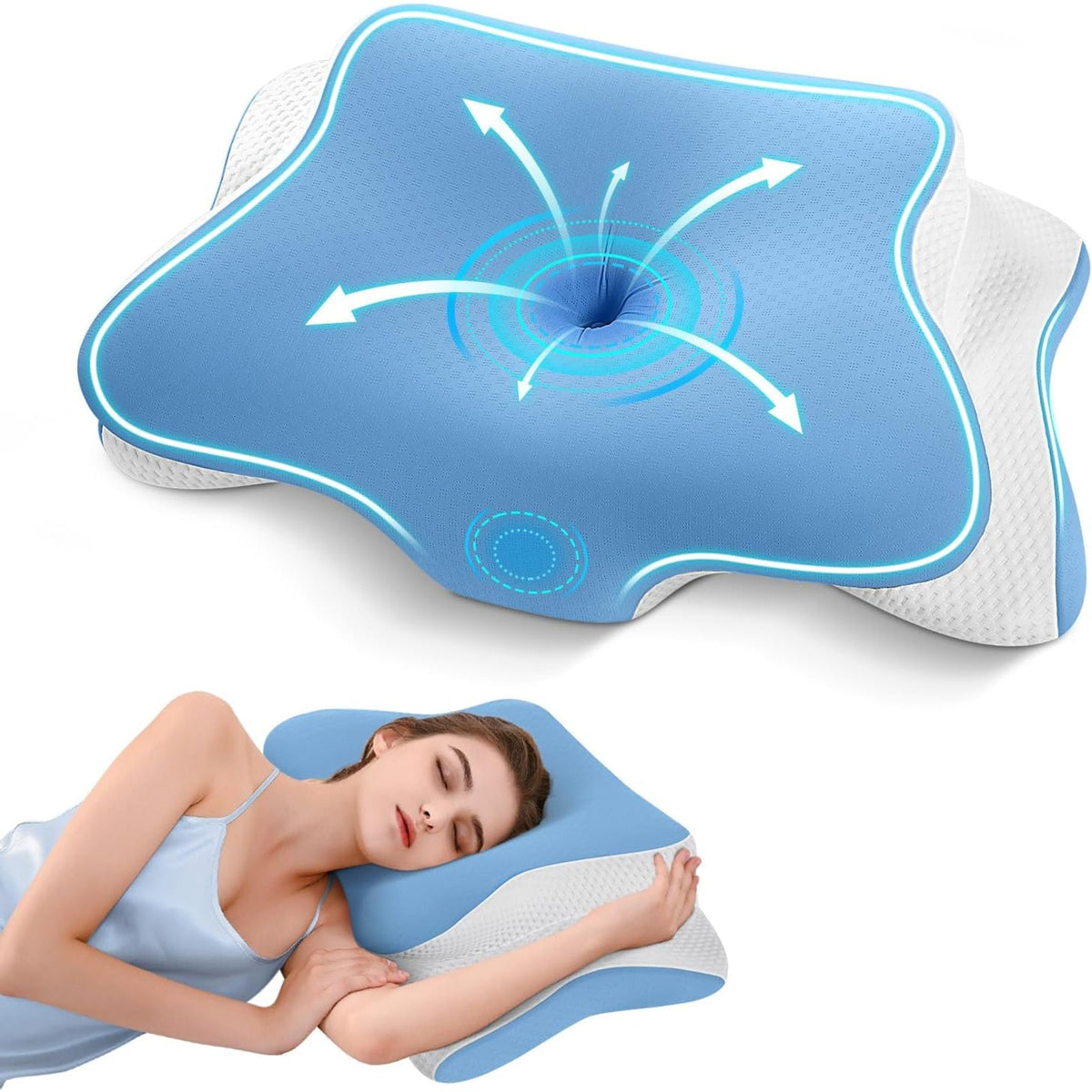 Almohada cervical mariposa viscoelástica en color celeste, vista frontal