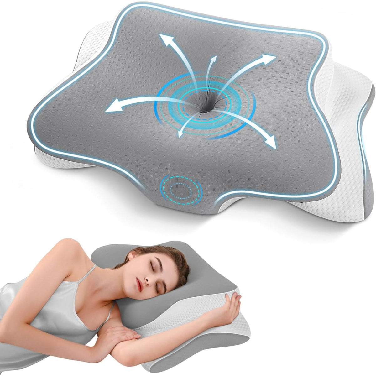 Almohada cervical mariposa viscoelástica en color gris, vista frontal